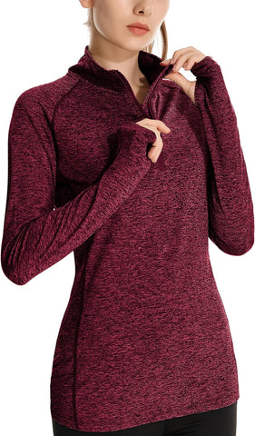 Women's Quarter Zip Pullover Long Sleeve Athletic Workout Shirt Thumb Hole Half Zip Running Yoga Tops